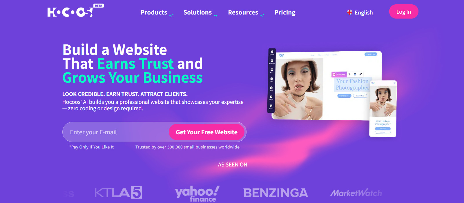 Hocoos AI Website Builderのファーストビューの画像